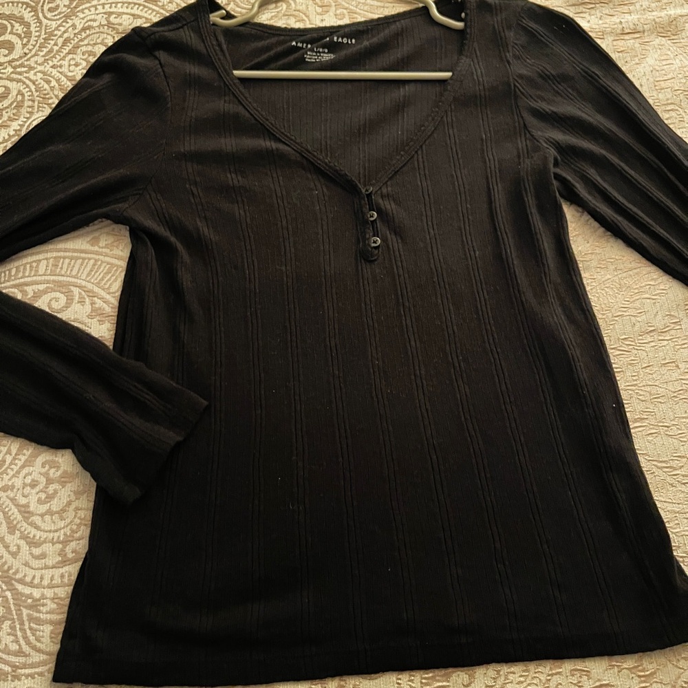 aerie Black Rib-Knit Henley Long Sleeve Top
